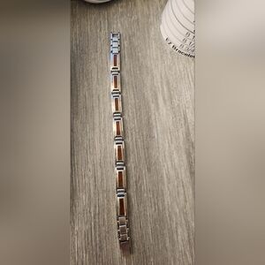 Na Hoku Silver Tone and Brown Link Bracelet, S. Steel, 7".